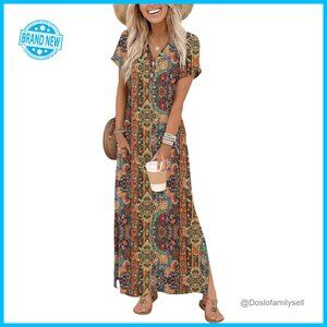 Maxi Dress with Pockets Casual Summer Split Hem V-Neck Chic Vacation Wear